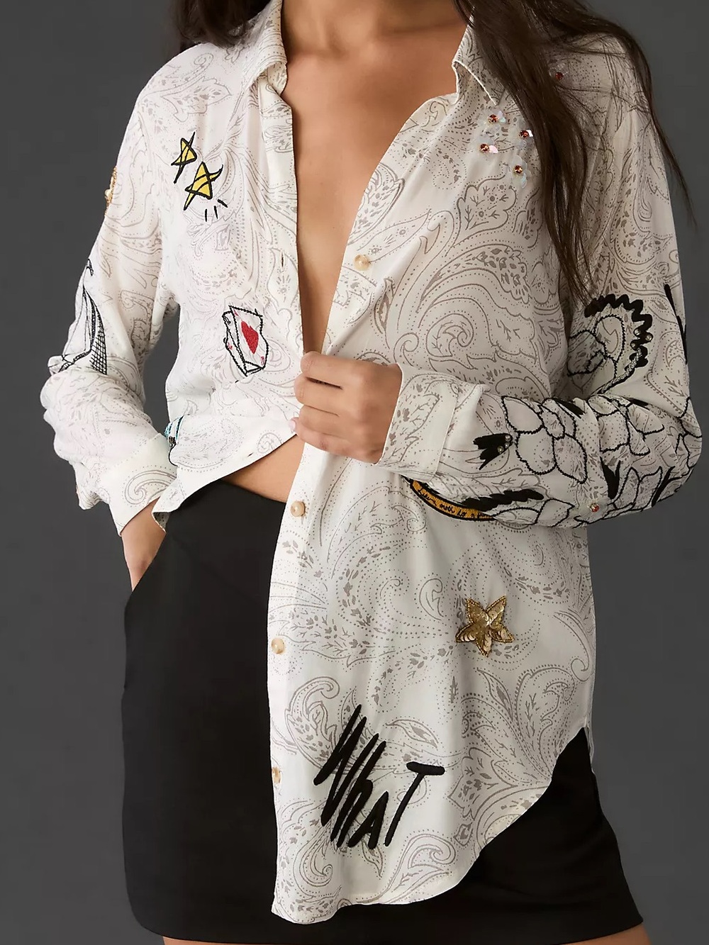NWOT Pilcro Souvenir Embellished Buttondown Shirt Women’s Small - Picture 2 of 15